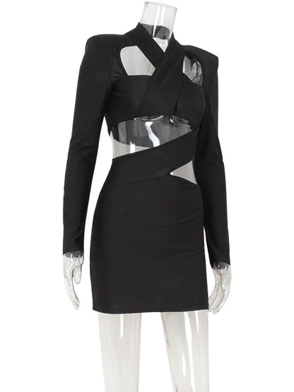 Ahagaga Sexy Club Women's Mini Dresses Solid Hollow Out V-Neck Regular Long Sleeves Sheath Bodycon Slim Fit Streetwear Vestidos