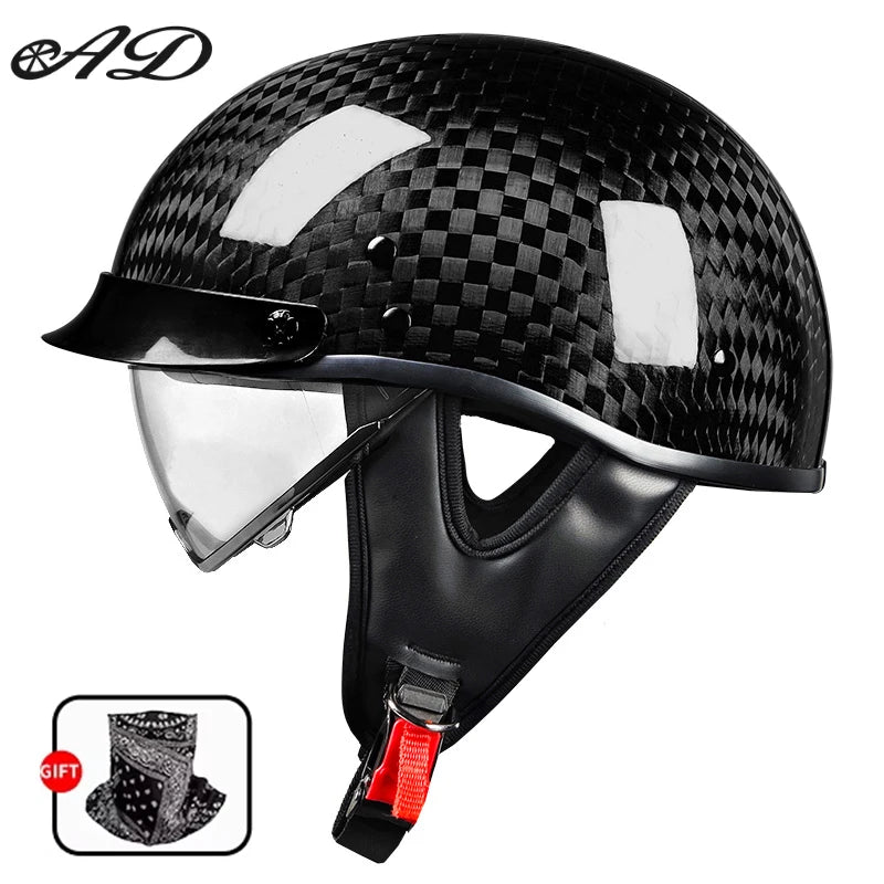    Best Seller Carbon Fiber Retro Motorcycle Half Face Helmet with Comfortable Lining Protective Goggles Helmet Factory Wholesale