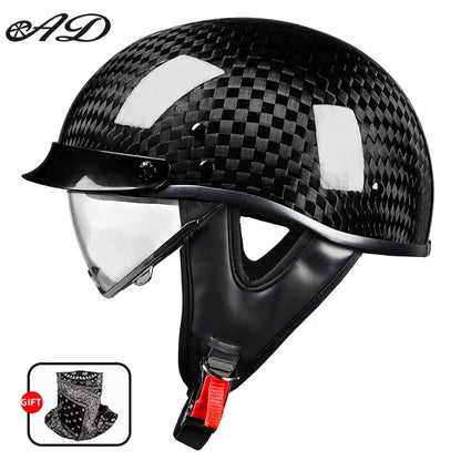    Best Seller Carbon Fiber Retro Motorcycle Half Face Helmet with Comfortable Lining Protective Goggles Helmet Factory Wholesale