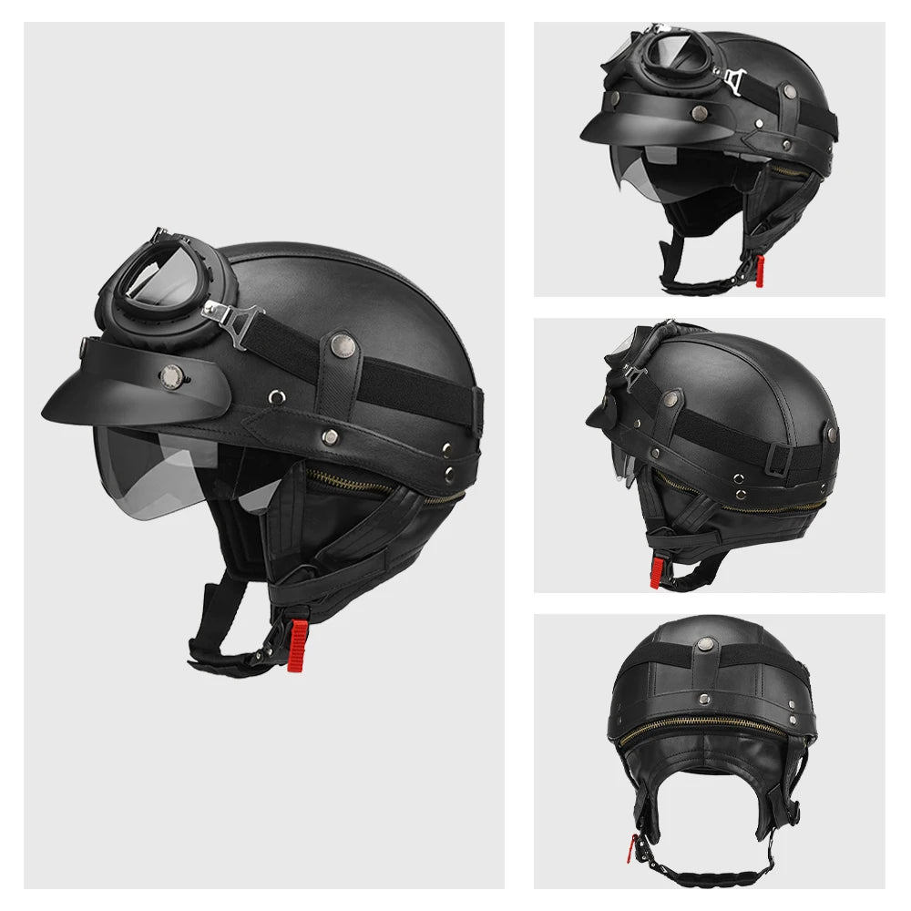 Motorcycle Half Helmet Leather Vintage Helmet Four Seasons General Safety Helmet Anti Fall And Sun Cap Moto Open Face Helmet
