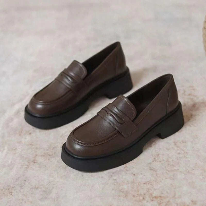 Women Black/Reddish Brown Platform Loafers Round Toe Chunky Sole Slip On Penny Loafers Comfortable Casual Office Shoes