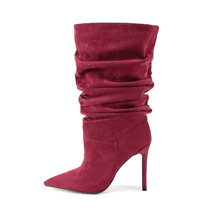 2025Women's Autumn and Winter New Pleated High-heeled Short Boots with Pointed Sleeves, Women's 35-47 Large Mid Length Boots