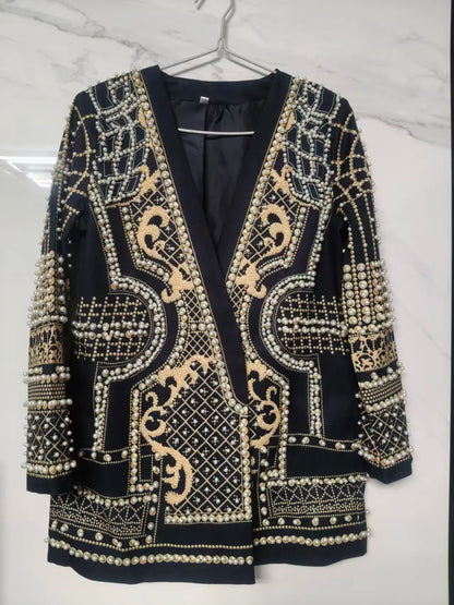 New Fashion Beaded V-neck Blazers for Women Streetwear Trendy High Quality Suit Jacket Coat Outerwear Female Clothing