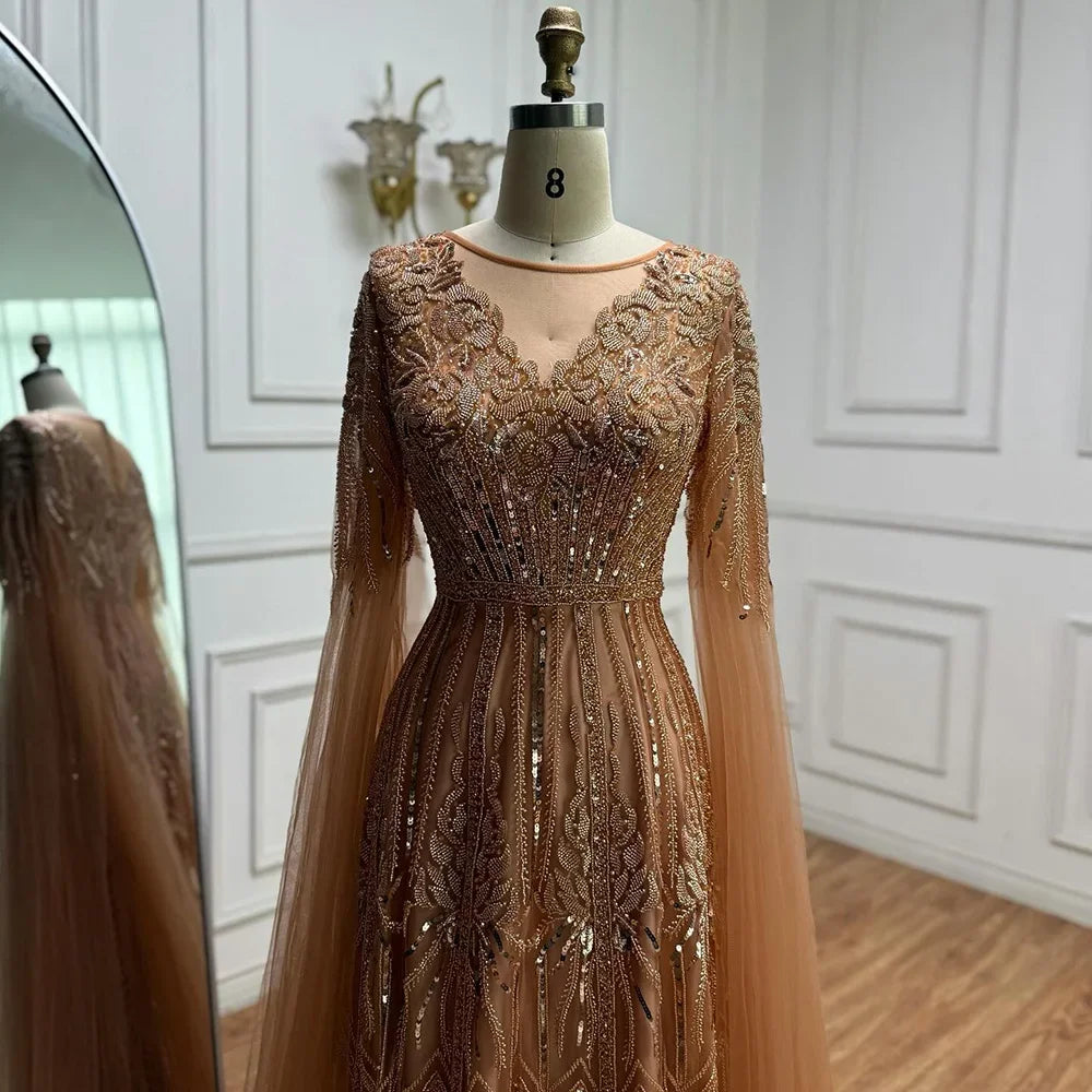 Luxury Elegant Rose Gold Beaded A Line Evening Dress with Cape Sleeves for Formal Party Serene Hill 2026 Customized CLA73056