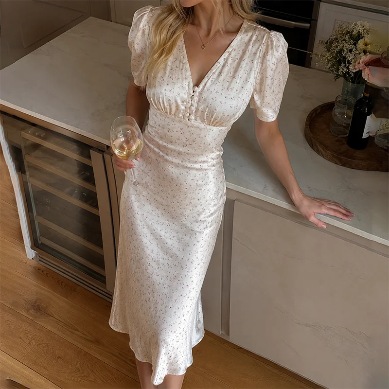 TARUXY Stylish Printed Maxi Dress Women Elegant Slim V-Neck Short-Sleeve Evening Dress Summer New Casual Commuter Female Dress