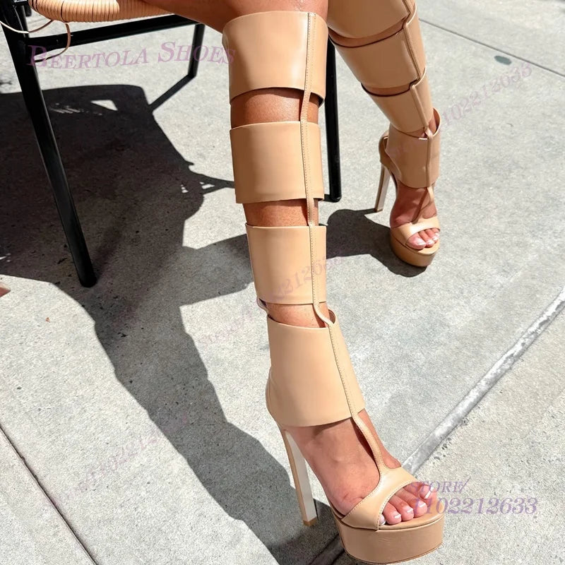 Black Wide Square Leather Plaid Sandals Boots Women Platform Heels Hollow Stiletto Back Zipper Stripes Summer Knee Wrapped Shoes