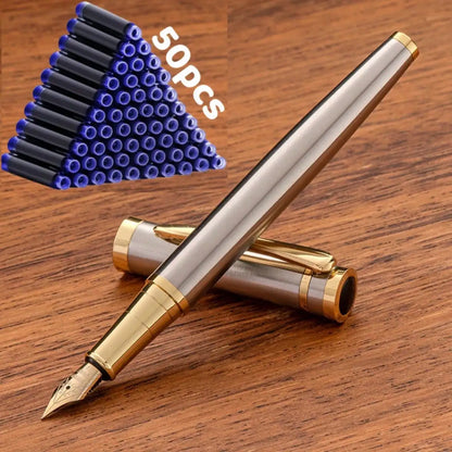 51-Piece Set (1 Pen + 50 Ink Cartridges), 0.5mm Tip, Iridium Nib, Stainless Steel Pen Body, Suitable for Calligraphy, Elegant and High-End, Luxurious and Noble, Suitable for 2.6mm Diameter, Student Stationery, Gifts, Valentin