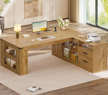 71" Executive Desk with Drawers Power Outlets Storage Shelves File Cabinet L Shaped Office Workstation Oak Customized