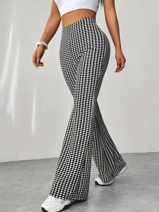 Elastic high waisted herringbone printed flared pants, fashionable casual pants, comfortable micro flared pants