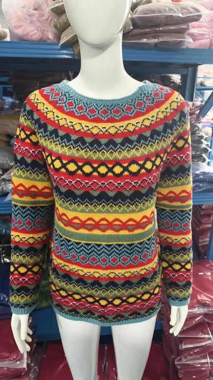 2025 Spring Knitted Women Sweater Print O-neck Long Sleeve Casual Loose Sweaters Female Winter Elegant Trendy Ladies Clothes