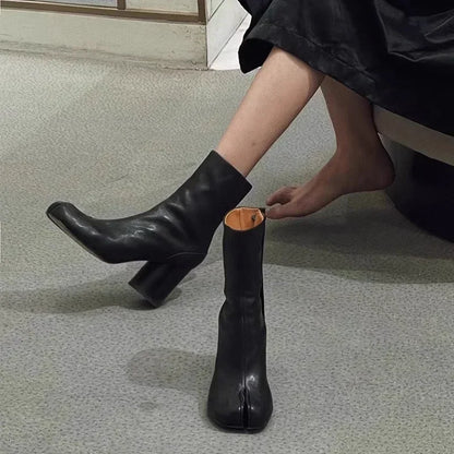 Luxury Brand Designer Tabi Split-toe Ankle Boots Women Genuine Leather Chunky Round Heel Short Boots 2024 Autumn Winter Shoes