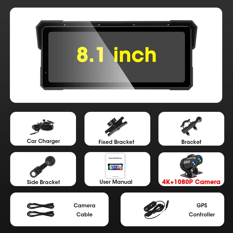 7/8.1'' 4K&1080P Motorcycle DVR GPS Navigation Wireless CarPlay Android Auto Screen Digital Motorbike Dashboard Moto Accessories