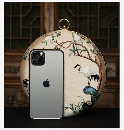 Cape-Bay Brand Women's Bag, Elegant and Classy Small Handbag, Shoulder Bag, Round Bag, Crossbody Bag, Classical Beauty, Retro Fashion, Chinese Suzhou-Style Embroidery, Landscape Painting, Floral and Bird Motifs, Beautiful Min