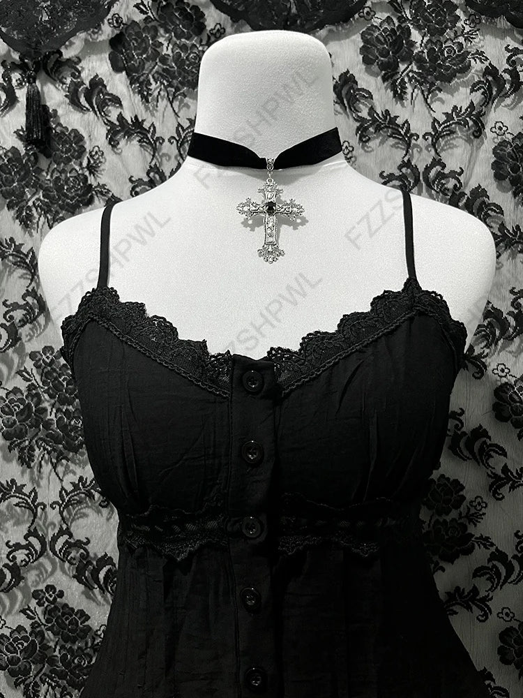 Gothic Y2K Aesthetic Women's Camisole Top Casual Slim Fit Sexy Solid Color Lace Crop Tees Grunge Punk Hotties Summer Streetwear