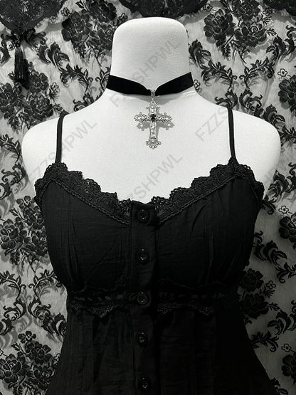 Gothic Y2K Aesthetic Women's Camisole Top Casual Slim Fit Sexy Solid Color Lace Crop Tees Grunge Punk Hotties Summer Streetwear