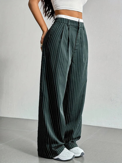 Fashion Pants Women's Stripe Straight Pants 2024 Autumn Winter High Waisted Casual Suit Pants Office Lady Women Trousers Bottoms