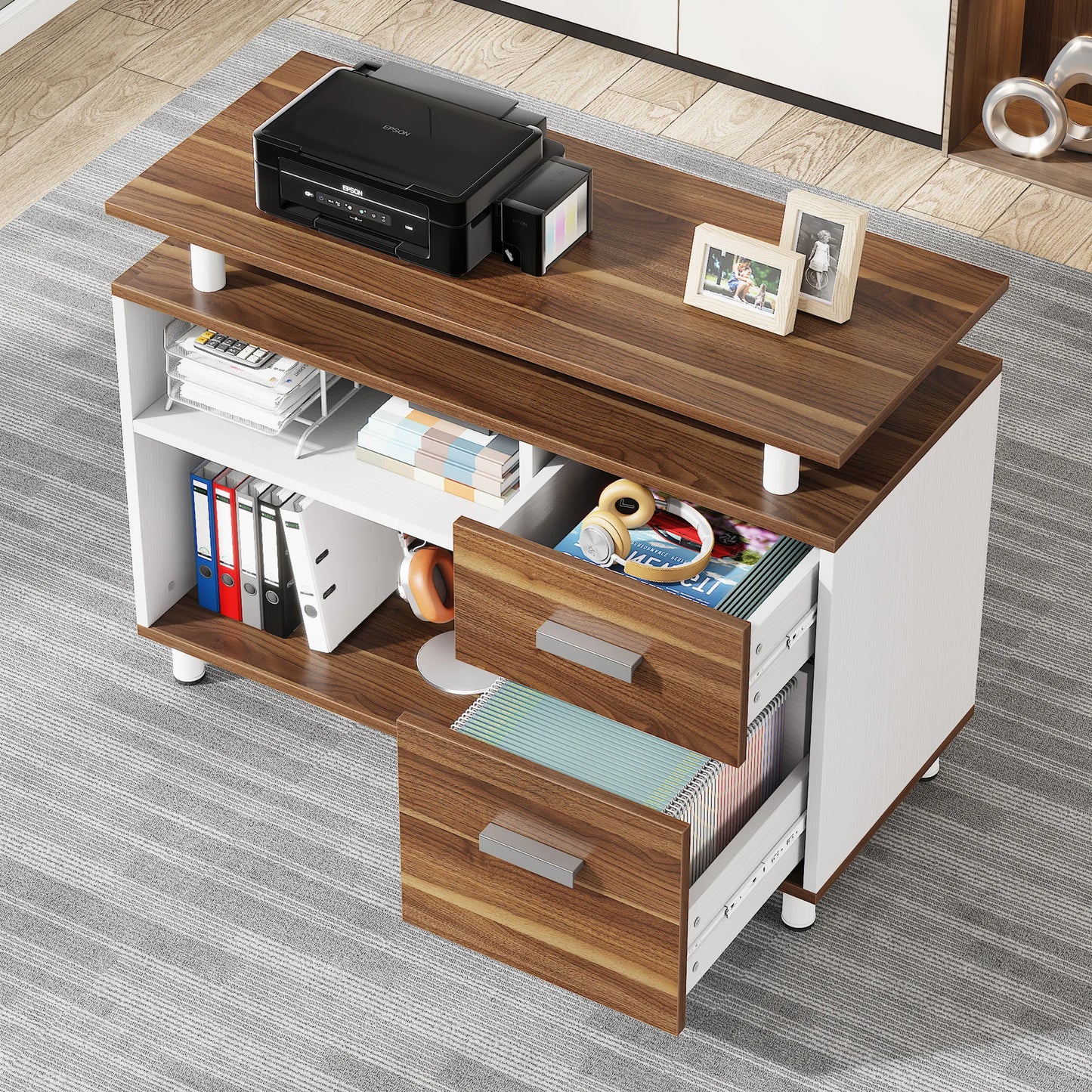 Tribesigns 63 Inch Executive Desk with File Cabinet, Large Office Desk L Shaped Computer Desk with Drawers and Storage Shelves