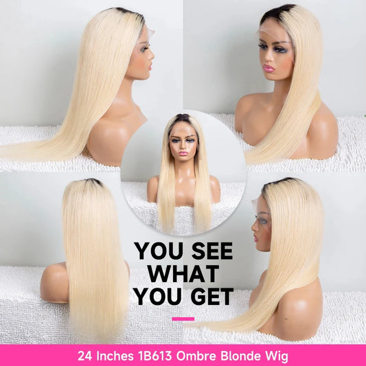 1B 613 Blonde Ombre Human Hair Wigs 13x6 Lace Front Wig Pre Plucked HD Transparent Lace Blond Black Roots Straight 180% Density