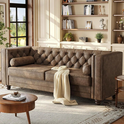 79'' Chesterfield Sofa for Living Room, Comfy Faux Leather Button-Tufted Couch with 2 Bolster Pillows and Wood, Customized