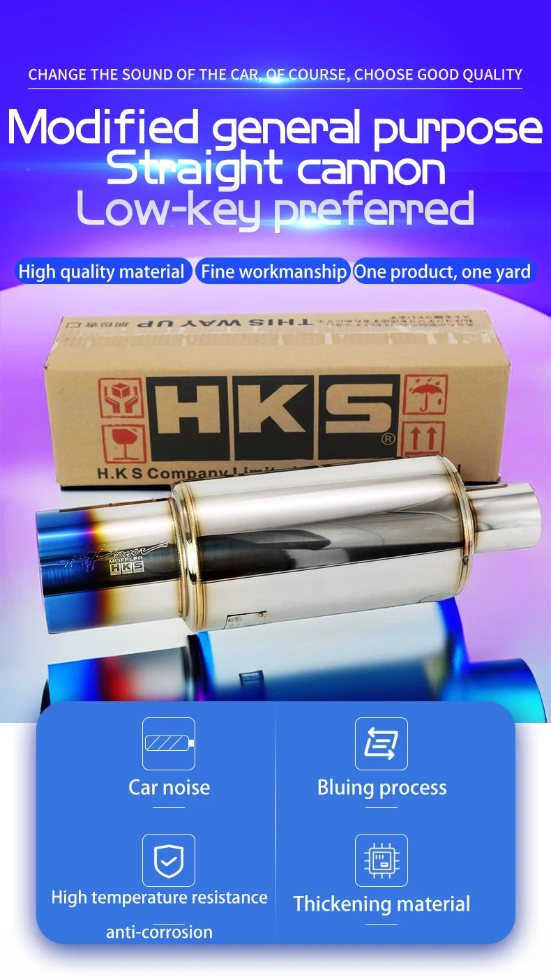 Car Exhaust Pipe Modified Parts HKS Muffler Straight Tailpipe Universal Outlet 89MM Glossy Silver Blue Stainless 51 63 76mm Fit