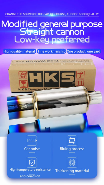 Car Exhaust Pipe Modified Parts HKS Muffler Straight Tailpipe Universal Outlet 89MM Glossy Silver Blue Stainless 51 63 76mm Fit