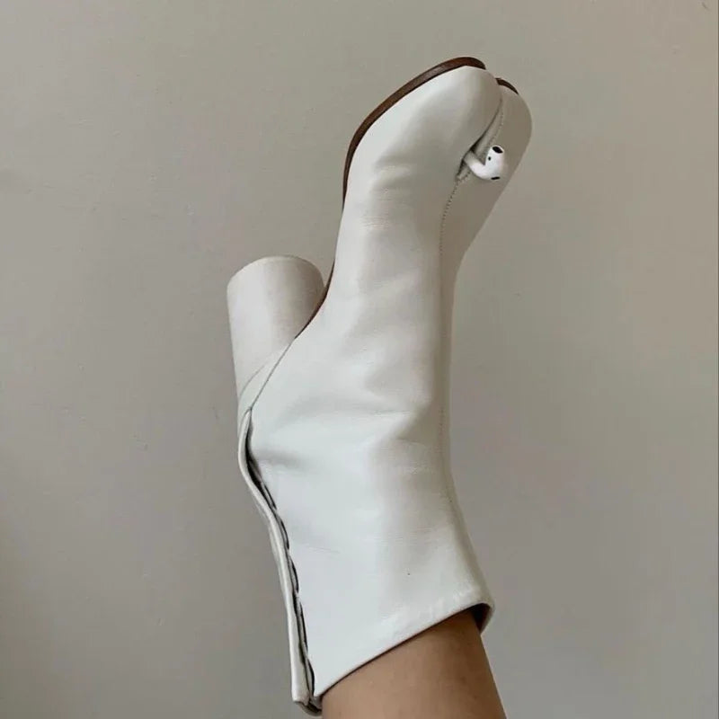 Luxury Brand Designer Tabi Split-toe Ankle Boots Women Genuine Leather Chunky Round Heel Short Boots 2024 Autumn Winter Shoes