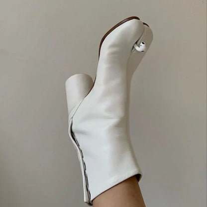 Luxury Brand Designer Tabi Split-toe Ankle Boots Women Genuine Leather Chunky Round Heel Short Boots 2024 Autumn Winter Shoes