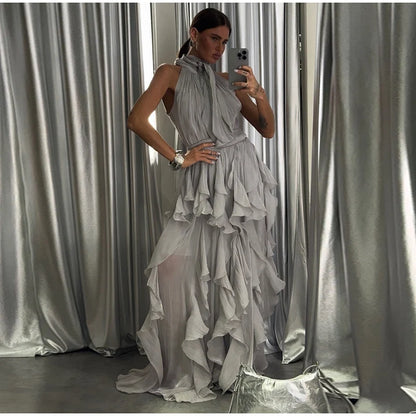 Sexy Cascading Ruffle Pleated Women Long Dress Fashion Lace Up Sleeveless Empire Female Dresses 2026 Spring Summer Lady Robe New