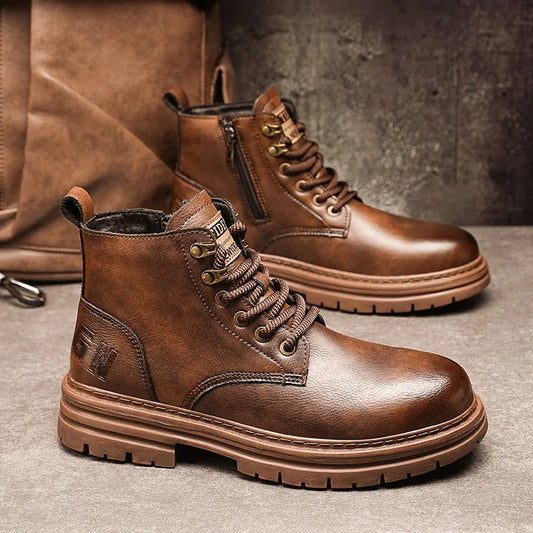 Men's Fashion Work Boots High Top Retro Waterproof Leather Boots Men's Outdoor Non-slip All-match Casual Short Boots Masculinas