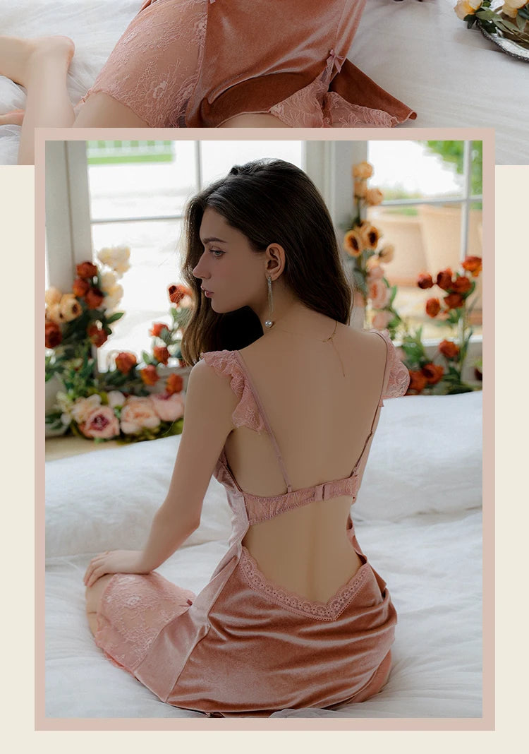 REBEYULI Sexy Sleepwear Women Deep V Solid Lace Velvet Mini Dress with Chest Pad Sweet Fly Sleeves Casual Robe Gown Set Women