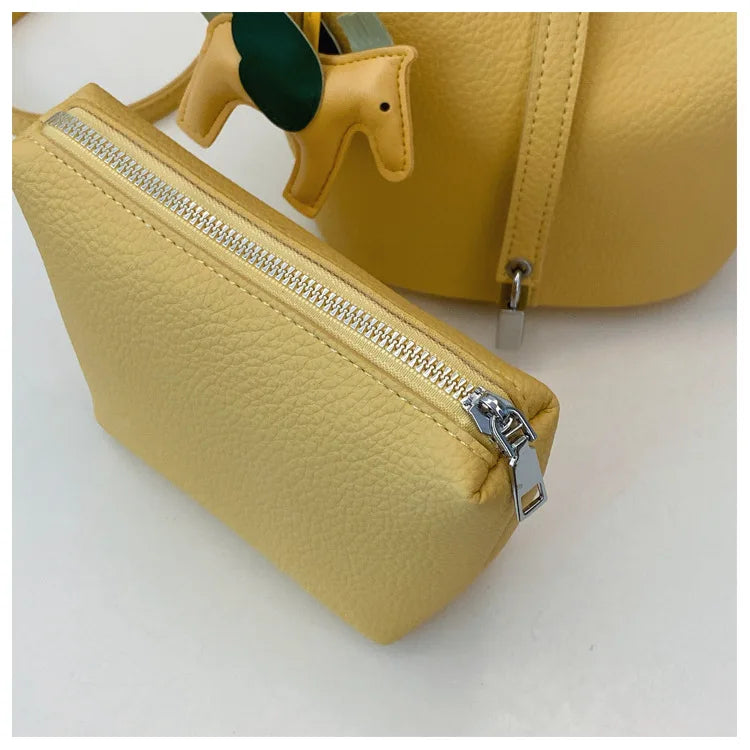 Popular and popular lychee patterned mother and child bucket bag for women, 2025 new casual retro handbag, casual commuting bag