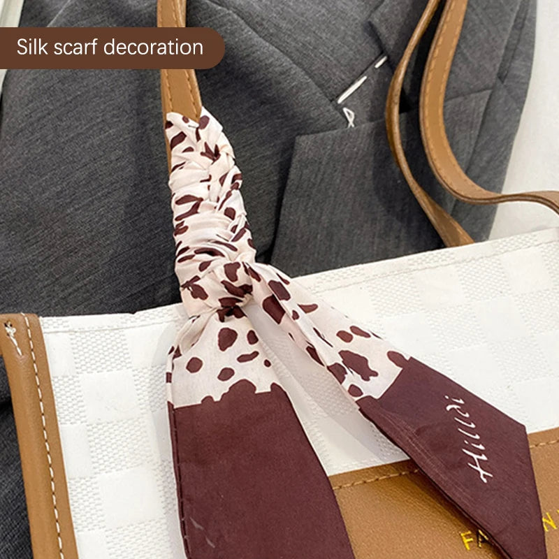 Patchwork Contrast Color Handbag Women's Casual Fashion Tote Bag Large Capacity Single Shoulder Bag Women's Silk Scarf Bag