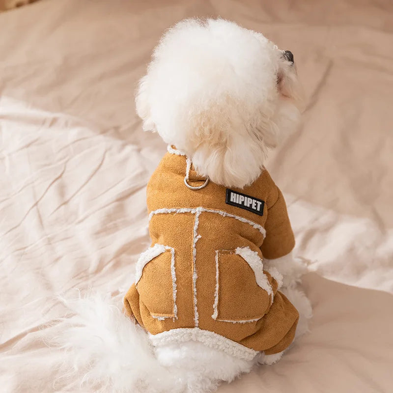 Pet Clothing Plush Leather Jacket Autumn Thick Warm Coat Winter Cat Pet Jumpsuit Puppy Clothes Four Legged Pants for Small Dogs