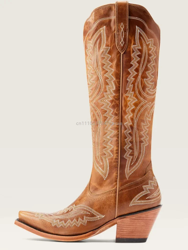 Women Western Cowboy Style Boots Pointed Thick High Heels Knee Length Embroidered Boot Autumn Block Heel Retro Casual Shoes