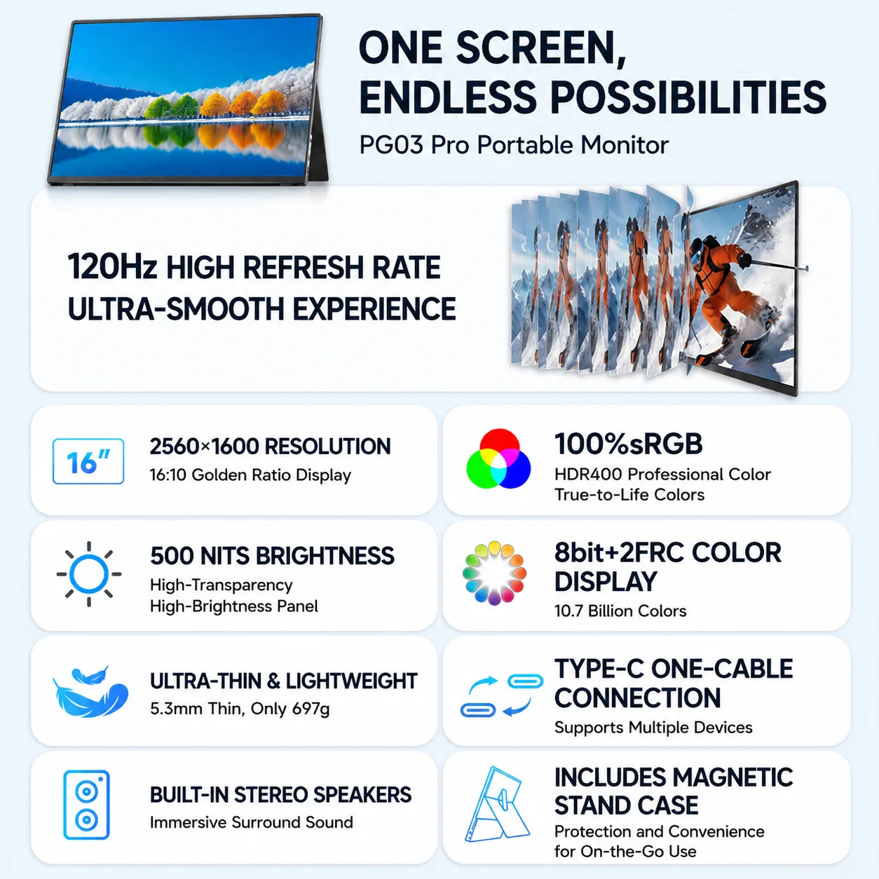 KTHIN PG03 PRO 16 inch 2.5K Portable Display 2560*1600 HDMI 120Hz Type-C 144Hz Travel Gaming Screen for Laptop Switch Computer