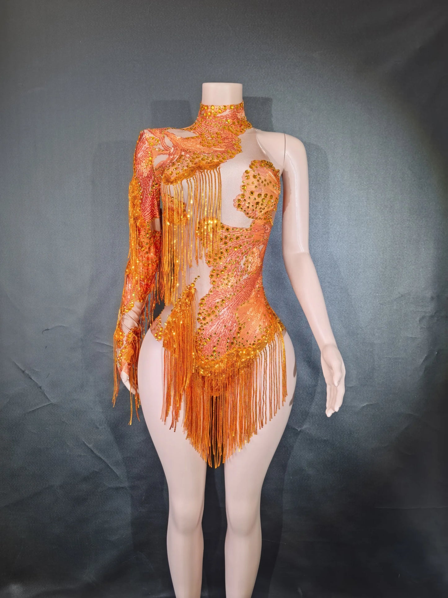 Sexy Skinny Leotard Singer Dancer Show StageWear Sparkly Blue Rhinestones Women DanceCostume Fringes One Shoulder Bodysuit  7G