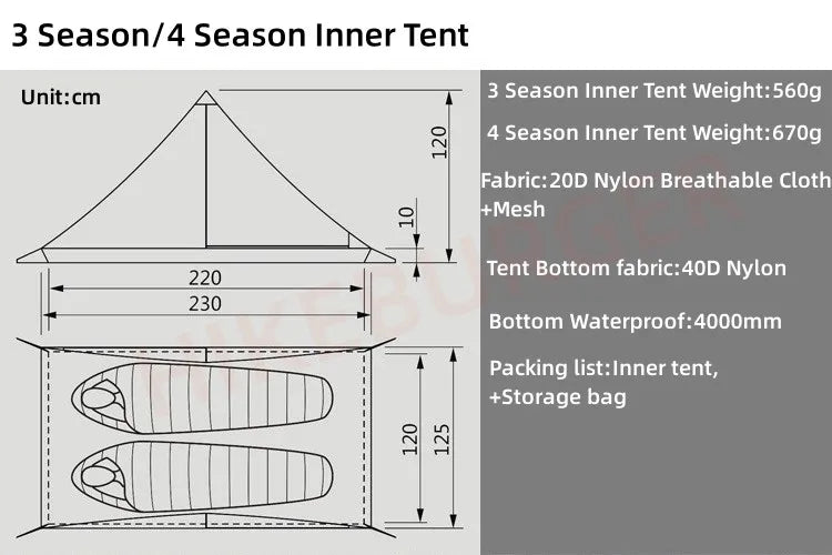 Hikeburger Yuanxing 2P Outdoor Camping Ultralight Tent Tarp Type A Pyramid Double Silicon 20D Nylon Cloth Waterproof Canopy Tent