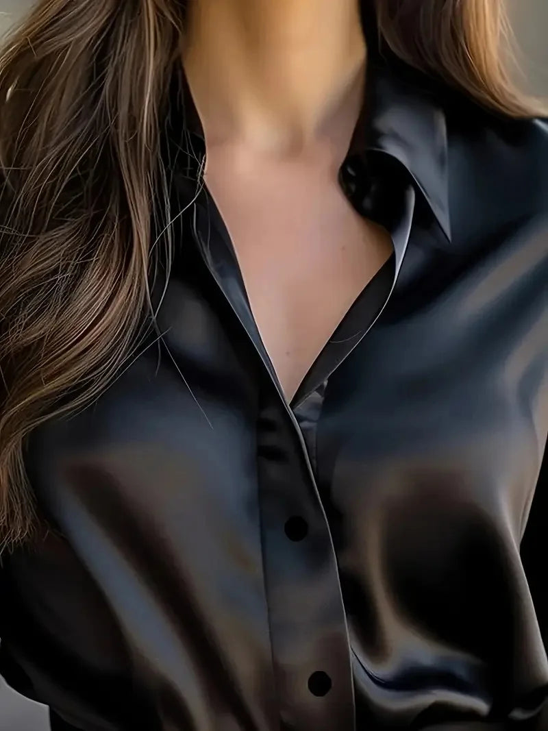 2025 Spring and Autumn Women's Lapel Shirt Brown Button Cardigan Top Black Elegant Fashion Office Basic Blouses for Female