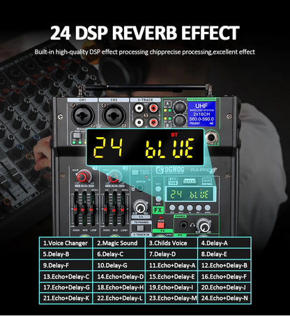 DGNOG Dual UHF Wireless Microphone DJ Audio Mixer 4 Channel Mixer Karaoke Mixer USB Bluetooth for Computer Recording Studio