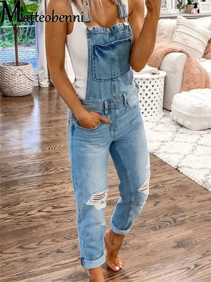 Fashion Broken Holes Straight Jeans Splicing Pocket Strap Pants Women's Street Casual Versatile Basic Jumpsuit Female Rompers 23
