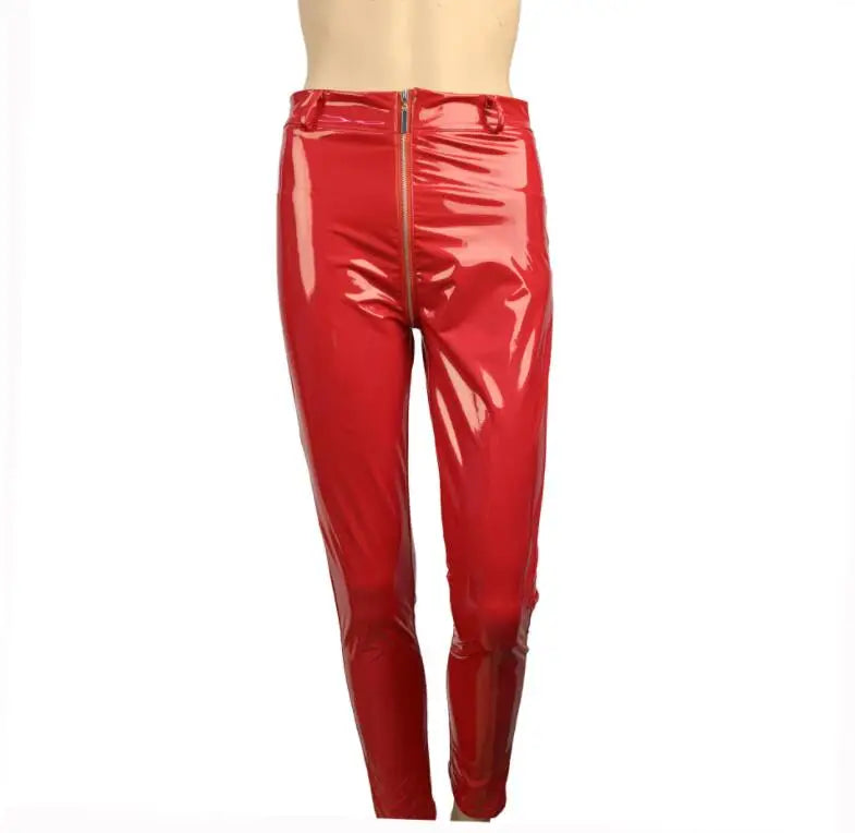 Women PU Leather Skinny Slim Trouser Gothic Punk Leggings Fishnet Trim Lace Pant Faux PU Leather Pencil Pants Club Clothing