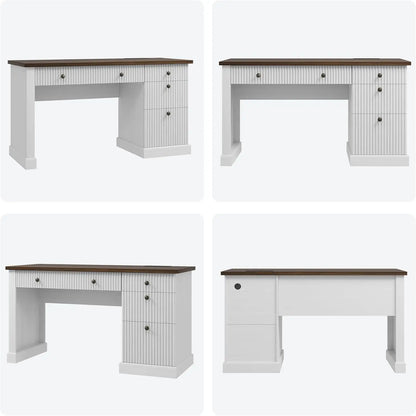 54" Modern Executive Desk with Charging Station Fluted Wood Computer Desk with File Cabinet & Drawers Home Office Furniture