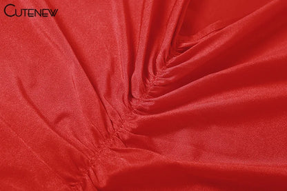 Nibber Red Shiny Spaghetti Strap Maxi Dress Women Solid Sexy Backless Ruched Cleavage Body-shaping Robe Lady Hipster Streetwear