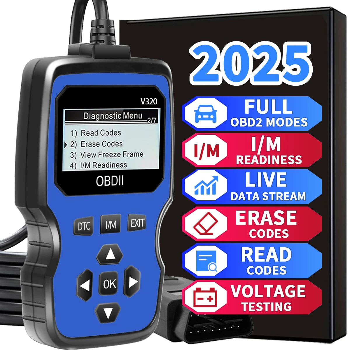 Obd2 Diagnostic Scanner Tool - Engine Fault Code Reader for All Cars since 1996, with Real-Time Data Stream, Battery Test, and Code Erasure