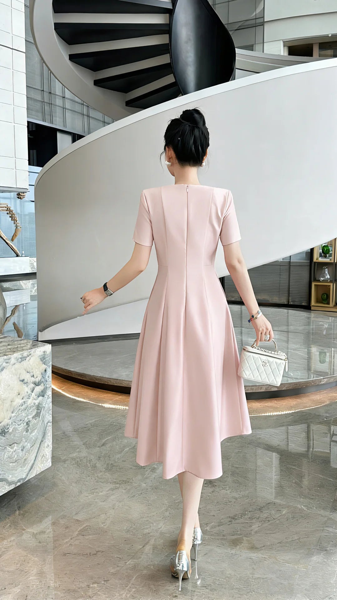 ZJYT Elegant Luxury Diamonds Dress Women 2026 Spring Summer Short Sleeve Midi Special Party Eve Dresses Pink Casual Vestidos