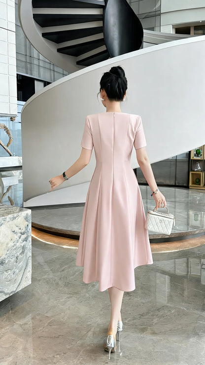 ZJYT Elegant Luxury Diamonds Dress Women 2026 Spring Summer Short Sleeve Midi Special Party Eve Dresses Pink Casual Vestidos