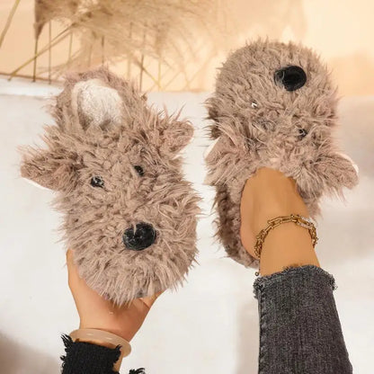 Cartoon Puppy Fluffy Fur Indoor Slippers Women 2025 Winter Thick Bottom Furry Mules Slippers Warm Plush Home Slides for Womon