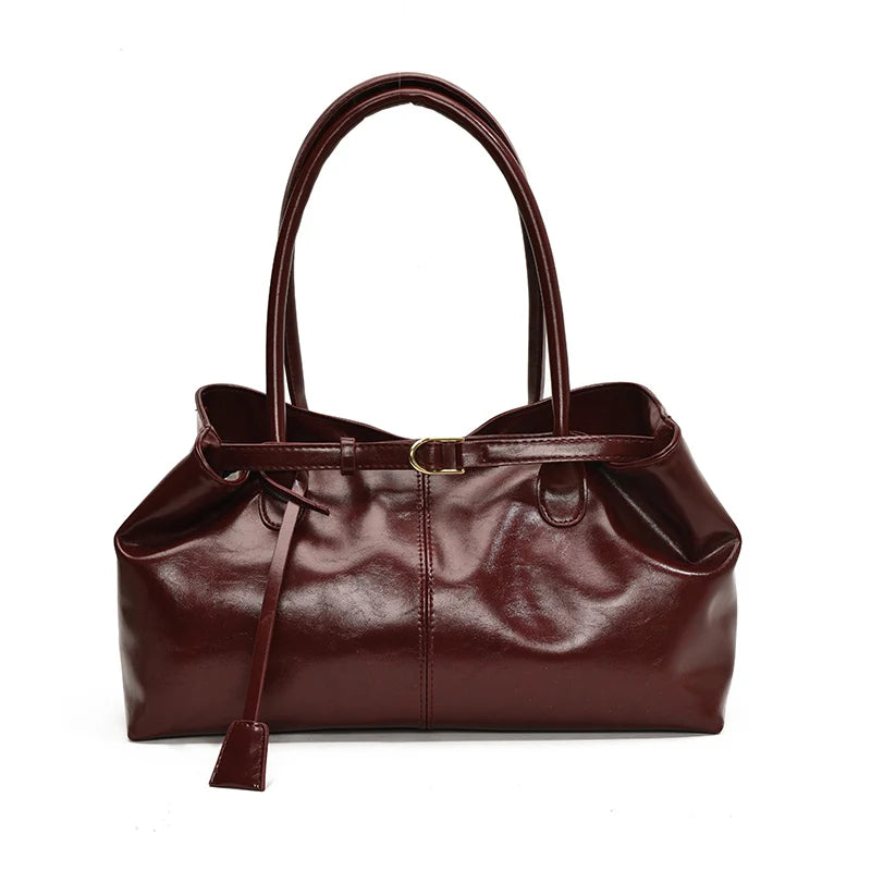 Women's Vintage Glossy Oil Wax Leather Tote Bag Buckle Casual Shoulder Handbag Elegant Work Bag for Daily Commute Top-handle Sac