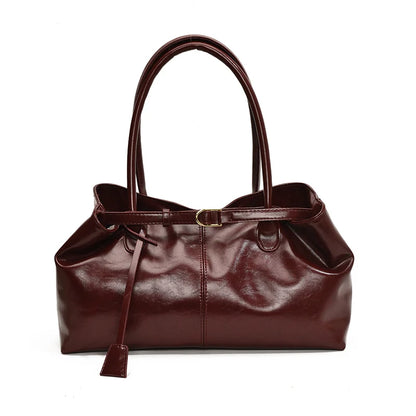 Women's Vintage Glossy Oil Wax Leather Tote Bag Buckle Casual Shoulder Handbag Elegant Work Bag for Daily Commute Top-handle Sac