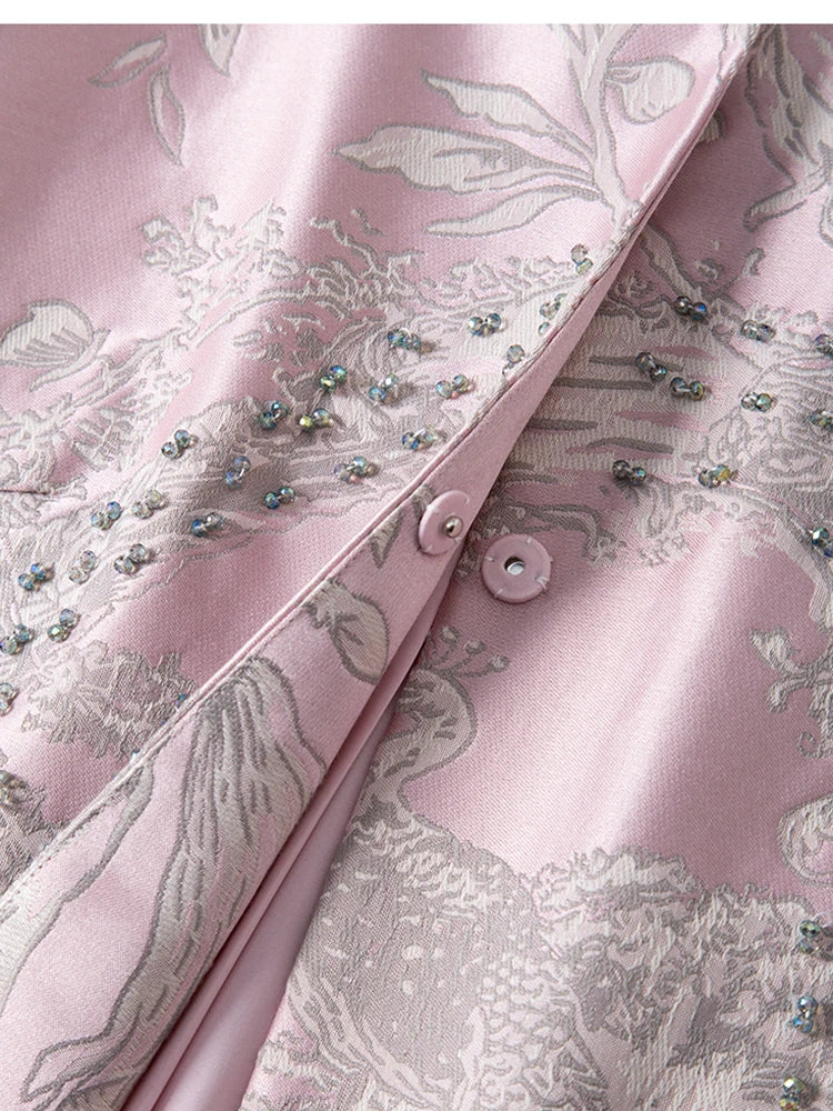 Luxury Beaded Pink Chinese Style Women's Top 2025 Loose Shoulder Embroidery Jacquard Elegant Fashion Blouse Outerwear
